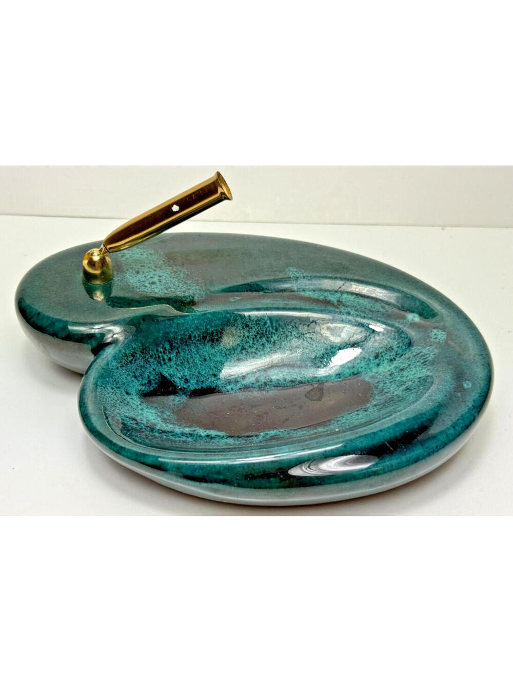 Vtg Blue Glazed Ceramic Pottery Desk Pen Stand Organizer Dish Tray Round Kidney